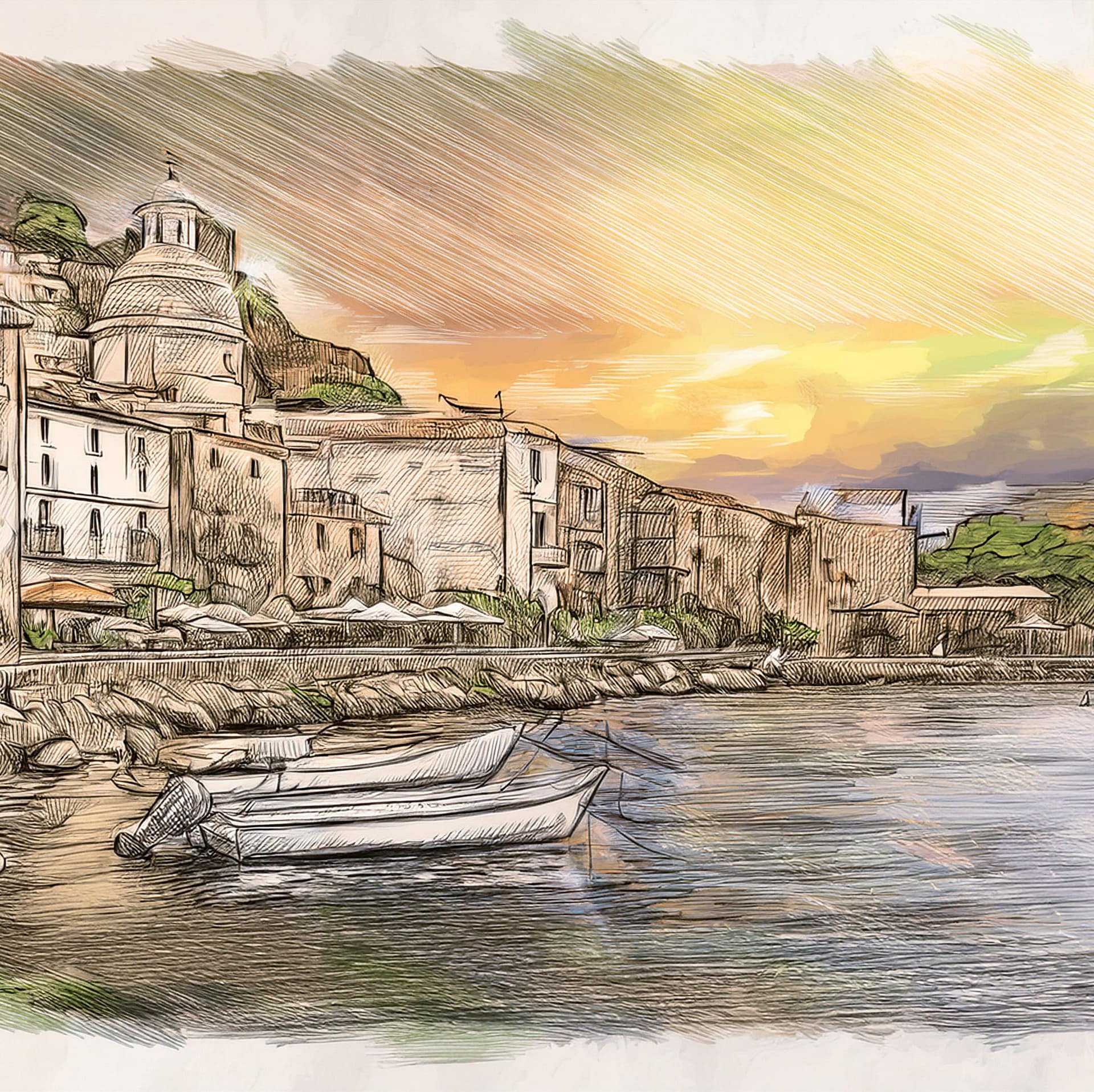 Amalfi coast village harbor artwork by Morgan Capasso